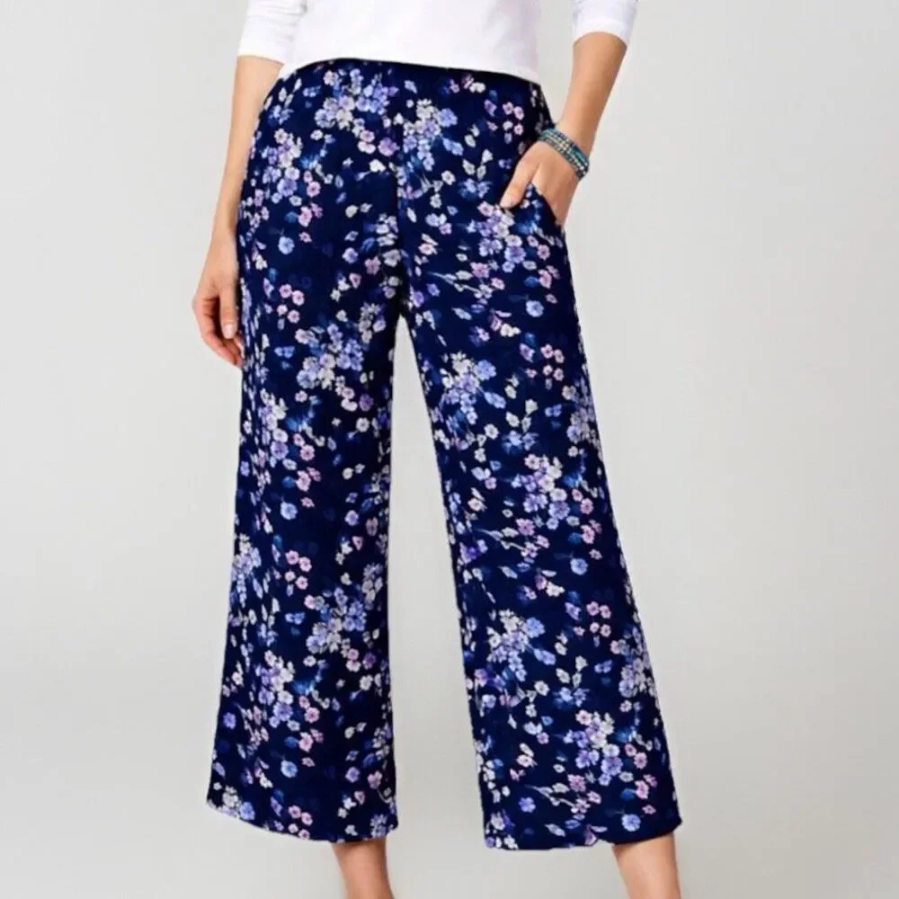 J. Jill Silky-Soft Full-Leg Crops Size XL Petite Navy Purple Floral Flowy Pants